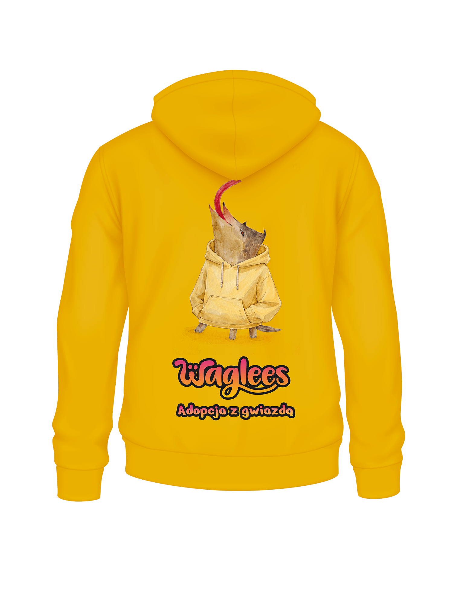 Bluza Potfur ✕ Waglees — tył, duża maskotka i napis Adopcja z gwiazdą